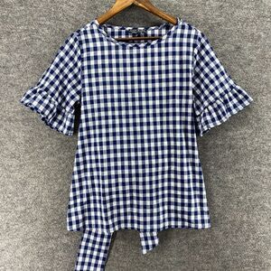 Shop Basic Blouse Women M Medium Blue Plaid Short Sleeve Belted Crew Neck Cotton